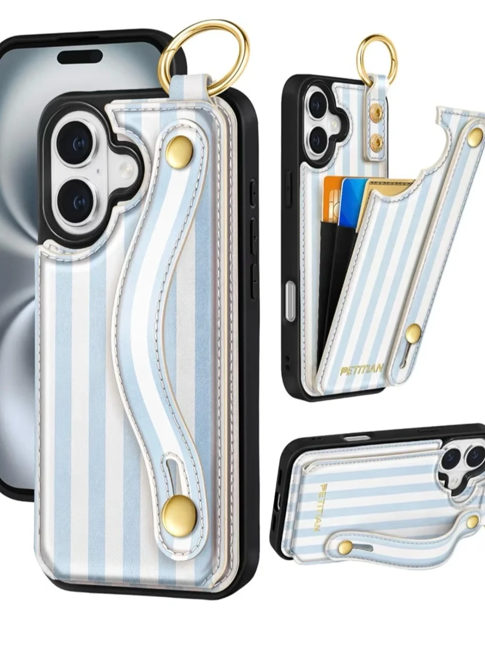 iPhone 16 Plus Striped Blue Wallet Handstrap Phone Case with Card Holder
